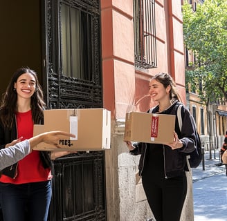 Estudiantes universitarios en Madrid entregando sus pertenencias en cajas a un servicio de recogida 