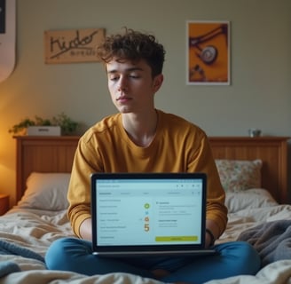 Estudiante en Madrid comparando precios de trasteros online desde su habitación, rodeado de cajas y 