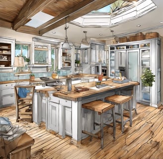 a kitchen with a large island and a skylight