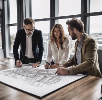 a group of people standing around a table with a blueprint