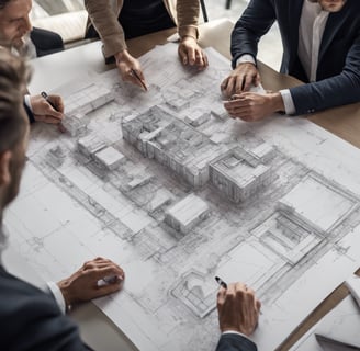 a group of people sitting around a table with a drawing of a building