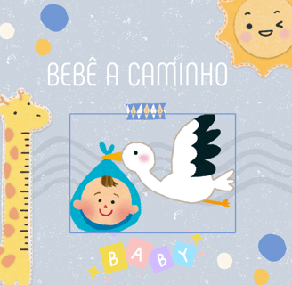 CEGONHA TRAZENDO UM BEBÊ COM A FRASE BEBÊ A CAMINHO