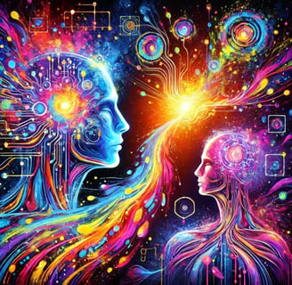 a woman and a man AI with colorful colors sparking a connection