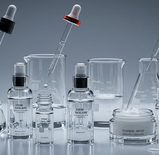 a group of laboratory glassware with a variety of different liquids