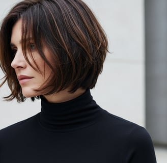 a woman with a black turtle neck top