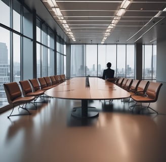 A man in a light blue shirt is seated at a large conference table, which has a colorful circular design featuring an intricate pattern and the word 'Kaleidico' in the center. The table is set in a modern office environment with black chairs, a wall with mirrors, and electronic equipment in the background.