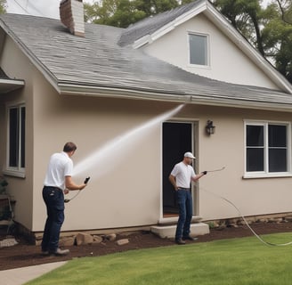 A person in bright safety gear is performing maintenance or cleaning work on a modern building's exterior. The structure features tall, vertical lines made of dark metallic or glass material, creating a striking visual contrast with the person.