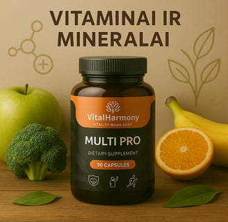 Platus vitaminų ir mineralų asortimentas, skirtas kasdienės sveikatos palaikymui ir organizmui.