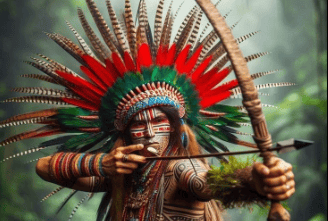 Caboclo Sete Flechas com coar vermelho e branco, com seu arco mirando sua flecha