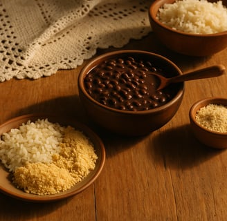 Prato tradicional brasileiro com arroz, feijão e farinha servido sobre mesa
