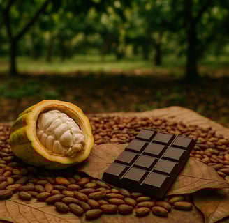 Cacau fresco e fermentando sobre folhas no terreiro, ao lado de chocolate artesanal em barra,