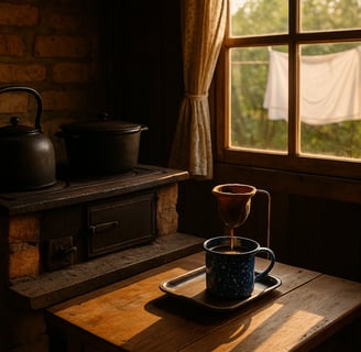 Cozinha rústica do interior com fogão a lenha, chaleira e café coado, ao fundo um lençol no varal