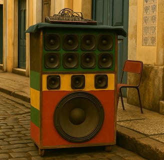 Caixa de som tradicional pintada com as cores do reggae em rua de São Luís
