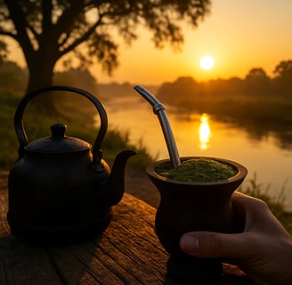 cuia de chimarrão no Sul do Brasil, paisagem de fim de tarde