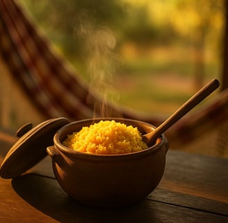 Cuscuz amarelo servido em prato de barro, ao lado de cuscuzeira artesanal sobre mesa rústica