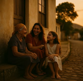 Três gerações de mulheres conversando na calçada ao pôr do sol em cidade do interior do Brasil