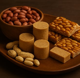 Doces típicos com amendoim em mesa de festa brasileira, paçoca, pé de moleque