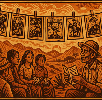 Ilustração em estilo xilogravura representando a literatura de cordel no Nordeste brasileiro
