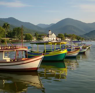 Barcos coloridos ancorados na baía de Paraty com montanhas verdes ao fundo e luz natural suave.