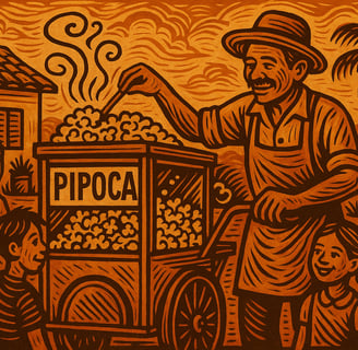 Carrinho de pipoca em rua brasileira, com cheiro no ar, crianças ao redor e clima de festa popular