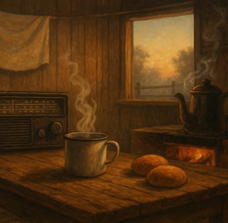 rádio antigo ligado sobre mesa, caneca de café e luz suave de amanhecer entrando pela janela.