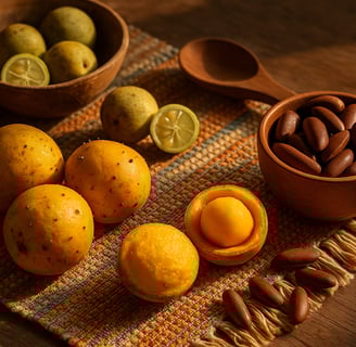 Frutos do Cerrado como pequi, baru e cagaita dispostos sobre pano artesanal e utensílios de madeira,