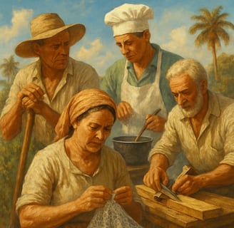 Trabalhadores brasileiros exercendo ofícios tradicionais: agricultor cozinheiro, artesã e marceneiro