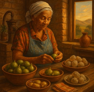 senhora brasileira preparando doce de figo em ambiente rural, com linhas delicadas