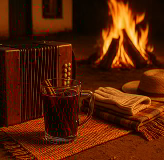 Cena noturna de festa junina com vinho quente e sanfona, capturando o calor, a dança e a cultura bra