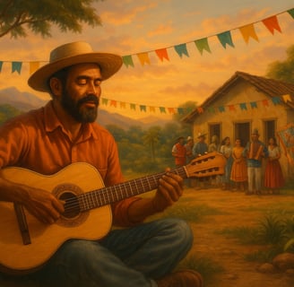 Ilustração digital em estilo tradicional mostra um músico tocando viola caipira em frente a uma casa