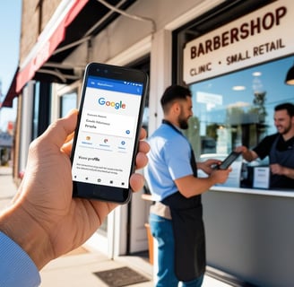 a man holding a phone in front of a barber shop after finding the business on Google