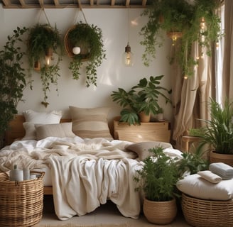 A wooden shelf in a store displays various handcrafted items such as cups, bowls, and utensils packaged in eco-friendly cardboard boxes. These items hang from hooks, showcasing earthy tones and rustic designs, with natural lighting emphasizing the warm atmosphere.