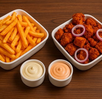 Cheesy Fries, paneer pakora and mayp sauce