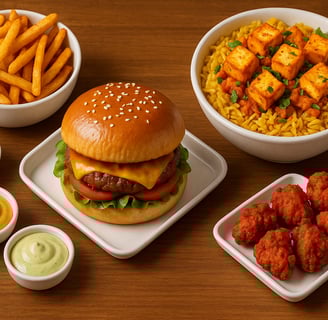 peri-peri fries, classic chicken burger, rice bowl, chicken pakora, mayp sauce