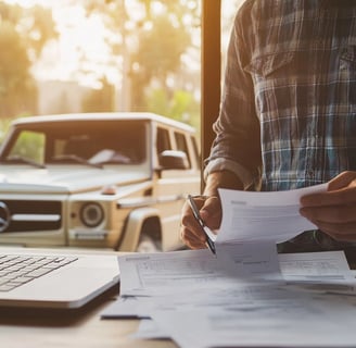 alifornia small business owner reviewing vehicle lease documents with tax forms and calculator, business vehicle visible outs