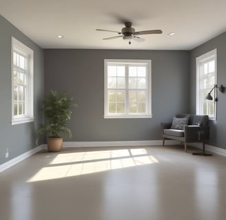 A room under renovation with exposed wooden beams and insulation on the ceiling, a bare brick wall, and various construction materials scattered around. There is a metal ladder leaning against the wall, a stack of drywall sheets, and bags of cement on the floor. The back of the room is illuminated by a large window covered with white curtains, with a red brick wall to the right.