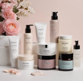 A neatly arranged collection of luxury skincare products placed inside an elegant white leather bag. The items are set against a backdrop of fashion magazines on a wooden surface, giving a sense of sophistication and style.