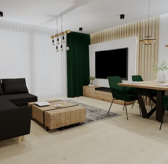 a living room with a couch, table, and chairs
