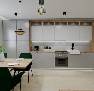 a kitchen with a table and chairs and a table