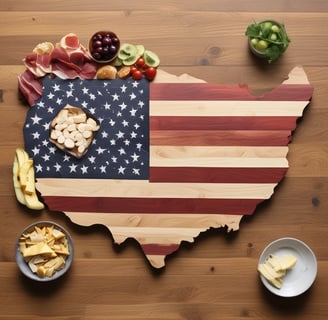 A wooden table displays a charcuterie board with an assortment of cheeses, dried fruits, and meats, along with crackers and fresh herbs. Adjacent to the board, a plate holds thinly sliced cured meats garnished with herbs. A small black pot with a green plant is in the background.
