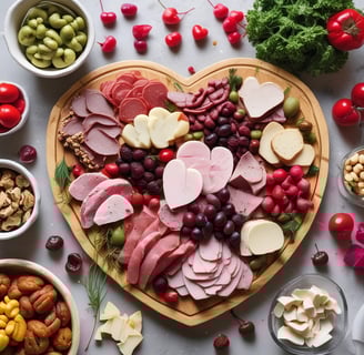 A charcuterie board featuring an assortment of sliced cured meats, including salami and prosciutto, alongside sliced cheese, pickled peppers, small meatballs, and onions. The arrangement creates a visually appealing display on a wooden board.