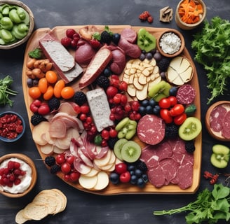 A richly stocked delicatessen displaying an array of cured meats, cheeses, and other gourmet foods. Various types of sausages and hams hang from the ceiling, while wheels of cheese and packaged goods are arranged on the countertop. There are shelves with wine bottles and boxes of pasta, creating a cozy and inviting atmosphere.