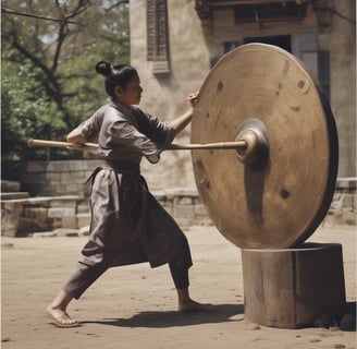 A person is seated on the ground in a meditative pose, holding a red-tipped percussion mallet to their forehead. They are wearing a beige shirt and loose blue patterned pants. In front of them, a large singing bowl is placed on the ground. The background features a clear blue sky and some green trees.