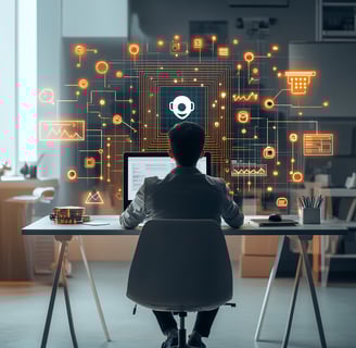 a man sitting at a desk with a laptop and a laptop