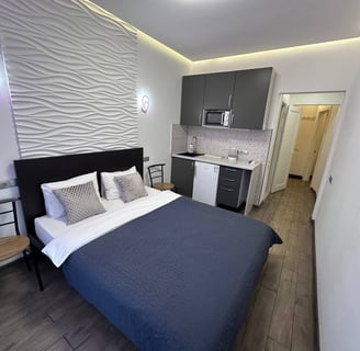 a bedroom with a bed and a kitchenette