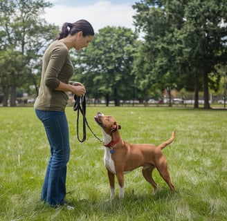 a woman standing in a field with a dog on a leash