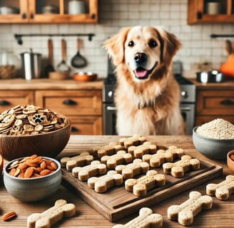 a dog sitting on a table with a bowl of dog treats