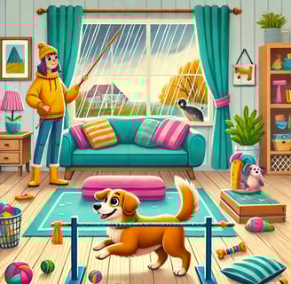 a dog is playing with a ball in a living room