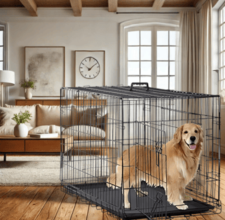 a dog in a crate cage