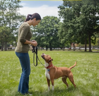 a woman is standing in the grass with a dog